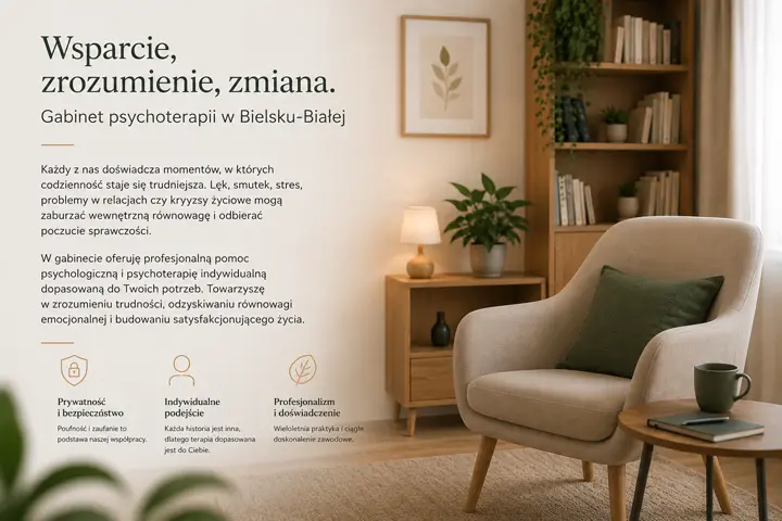 Przytulne wnętrze gabinetu psychoterapii w Bielsku-Białej